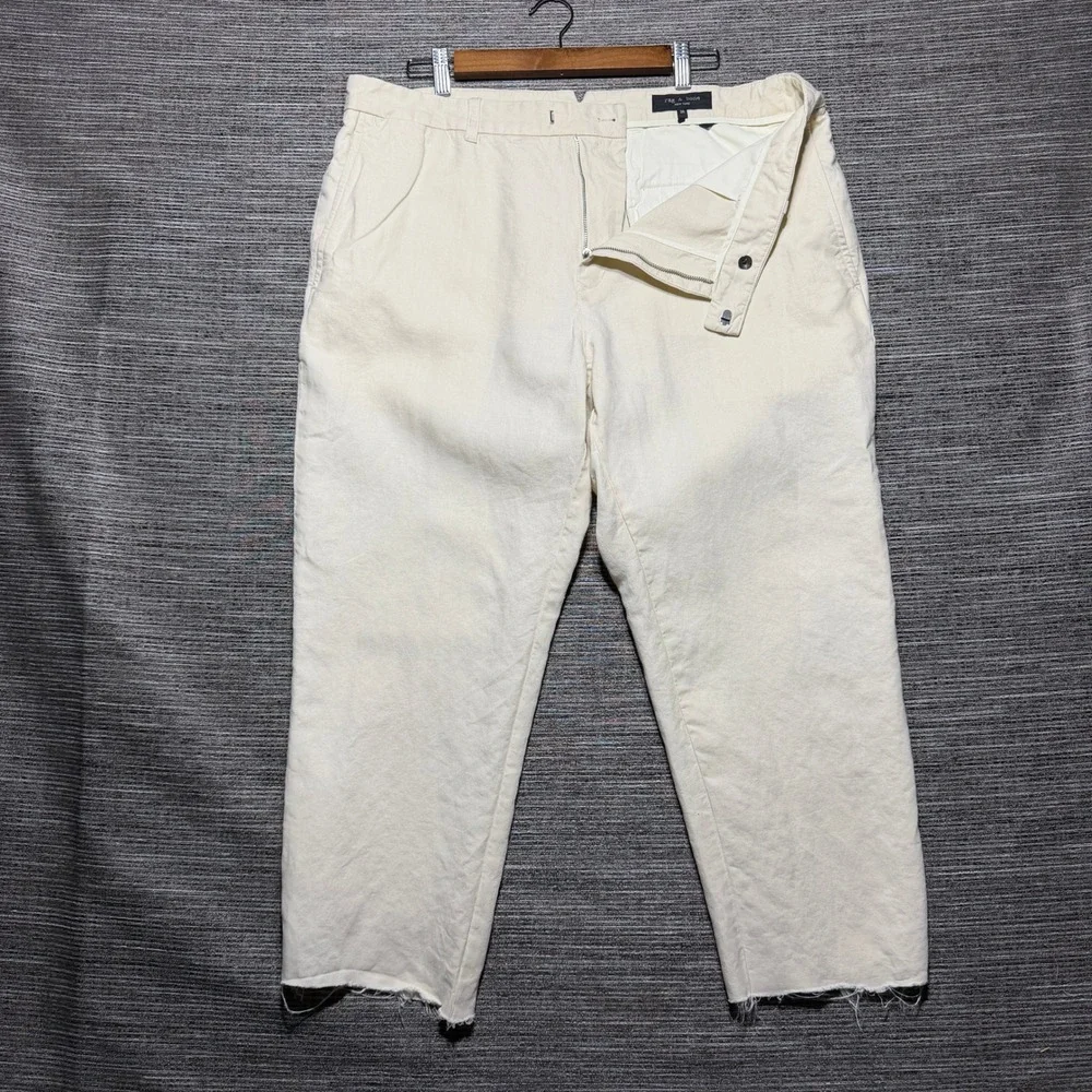 Rag & Bone Pants Men 38x25 Cream Solid Linen Raw Hem Relaxed Tapered Chino